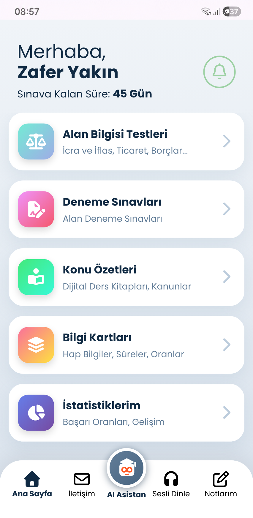 İcra Müdürü uygulamasının testler ve çalışma içeriklerini gösteren ana ekranı