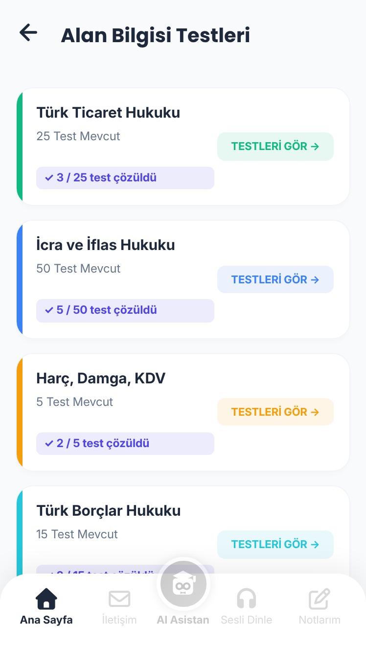 Alan Bilgisi Testleri ekranında her alanın kartında çözülen test sayısını gösteren sayaçlar